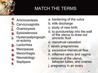 MATCH THE TERMS <ul><li>Amniocentesis </li></ul><ul><li>Cervicovaginitis </li></ul><ul><li>Ovariocyesis </li></ul><ul><li>...