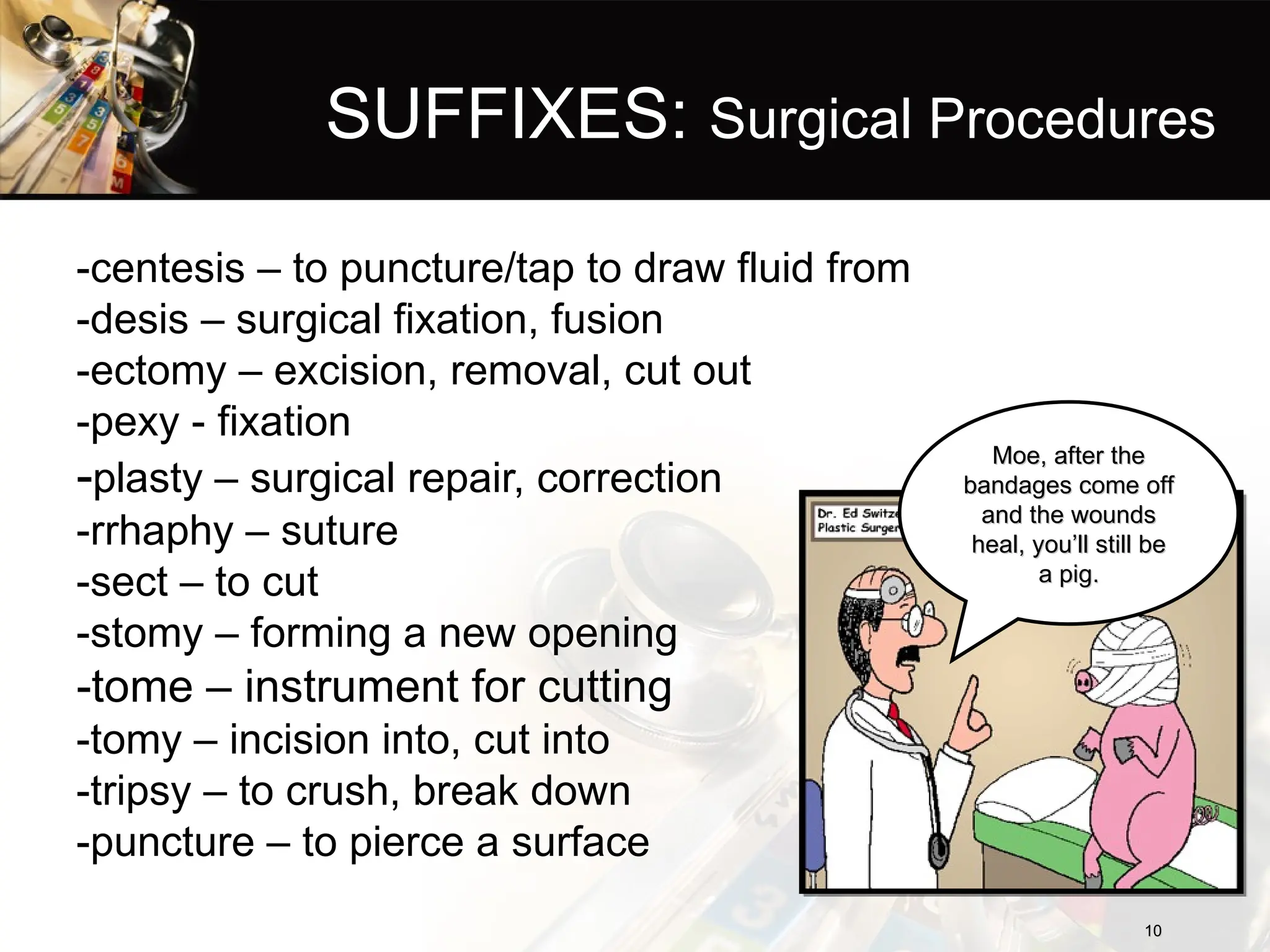 SUFFIXES: Surgical Procedures
-centesis – to puncture/tap to draw fluid from
-desis – surgical fixation, fusion
-ectomy – excision, removal, cut out
-pexy - fixation
-plasty – surgical repair, correction
-rrhaphy – suture
-sect – to cut
-stomy – forming a new opening
-tome – instrument for cutting
-tomy – incision into, cut into
-tripsy – to crush, break down
-puncture – to pierce a surface
10
10
Moe, after the
Moe, after the
bandages come off
bandages come off
and the wounds
and the wounds
heal, you’ll still be
heal, you’ll still be
a pig.
a pig.
 