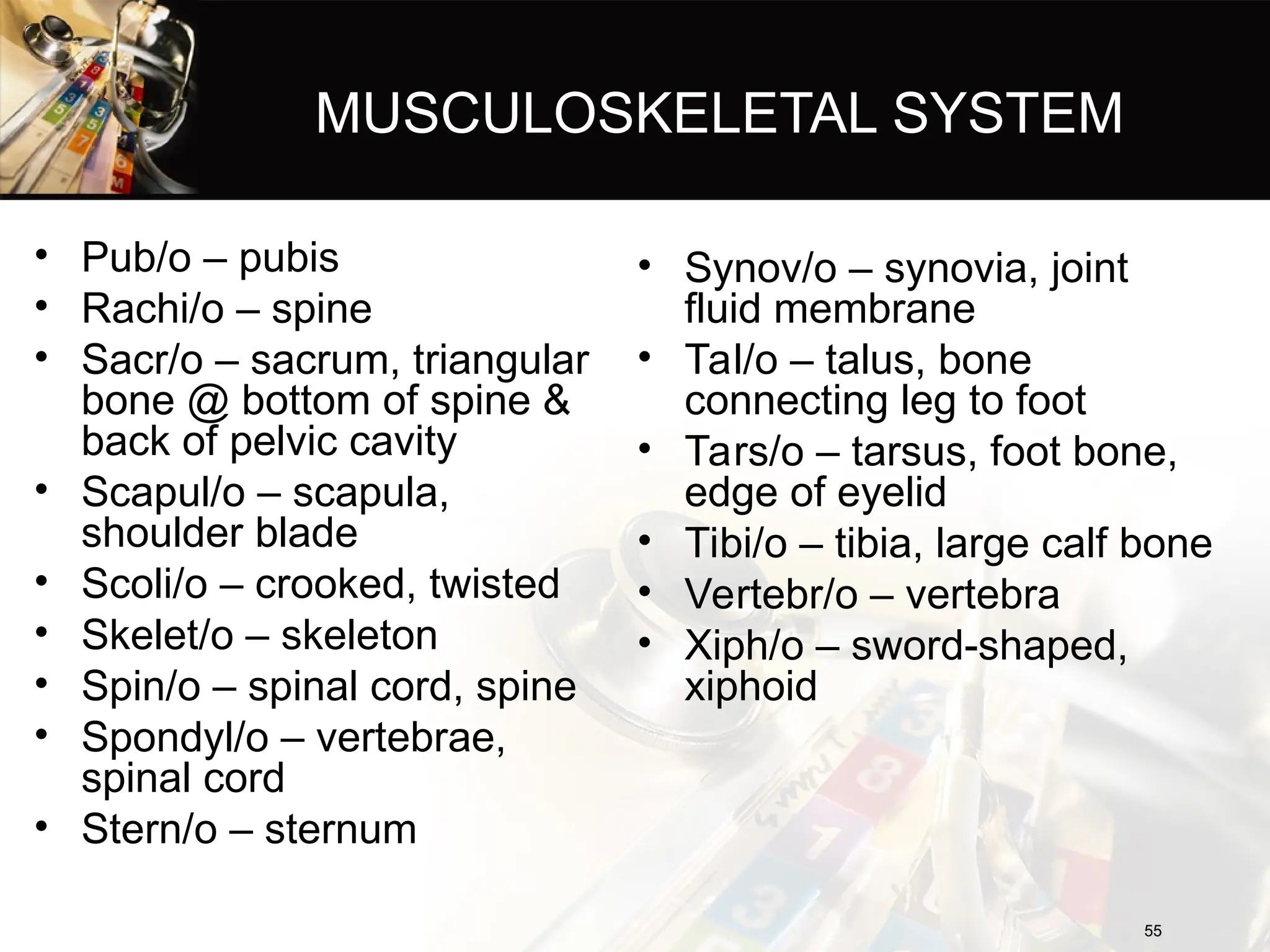 MUSCULOSKELETAL SYSTEM
• Pub/o – pubis
• Rachi/o – spine
• Sacr/o – sacrum, triangular
bone @ bottom of spine &
back of pelvic cavity
• Scapul/o – scapula,
shoulder blade
• Scoli/o – crooked, twisted
• Skelet/o – skeleton
• Spin/o – spinal cord, spine
• Spondyl/o – vertebrae,
spinal cord
• Stern/o – sternum
55
55
• Synov/o – synovia, joint
fluid membrane
• Tal/o – talus, bone
connecting leg to foot
• Tars/o – tarsus, foot bone,
edge of eyelid
• Tibi/o – tibia, large calf bone
• Vertebr/o – vertebra
• Xiph/o – sword-shaped,
xiphoid
 