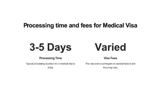 Processing time and fees for Medical Visa
3-5 Days
Processing Time
Typical processing duration for a medical visa to
India.
Varied
Visa Fees
The visa cost is contingent on several factorsand
thusmay vary.
 