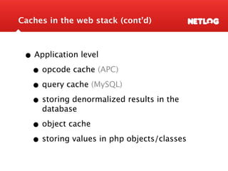 Caches in the web stack (cont’d)



 • Application level
  • opcode cache (APC)
  • query cache (MySQL)
  • storing denorm...