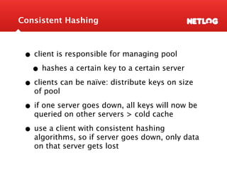 Consistent Hashing



 • client is responsible for managing pool
  • hashes a certain key to a certain server
 • clients c...