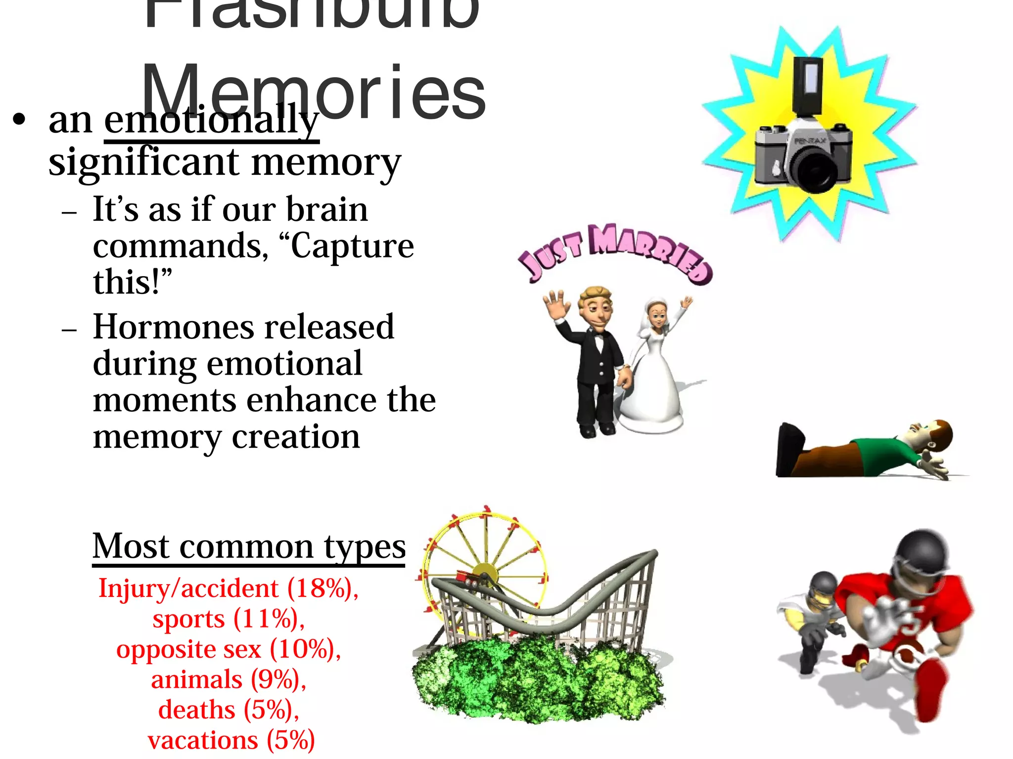 Flashbulb
Memories• an emotionally
significant memory
– It’s as if our brain
commands, “Capture
this!”
– Hormones released
during emotional
moments enhance the
memory creation
Most common types:
Injury/accident (18%),
sports (11%),
opposite sex (10%),
animals (9%),
deaths (5%),
vacations (5%)
 