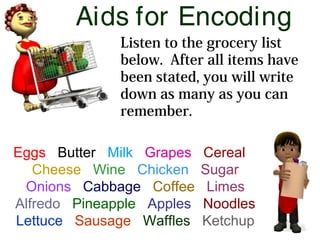 Eggs Butter Milk Grapes Cereal
Cheese Wine Chicken Sugar
Onions Cabbage Coffee Limes
Alfredo Pineapple Apples Noodles
Lettuce Sausage Waffles Ketchup
Listen to the grocery list
below. After all items have
been stated, you will write
down as many as you can
remember.
Aids for Encoding
 