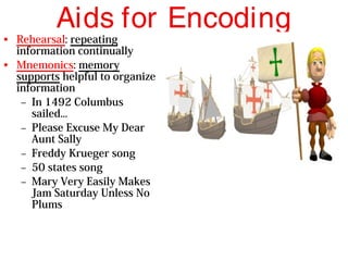 Aids for Encoding
• Rehearsal: repeating
information continually
• Mnemonics: memory
supports helpful to organize
information
– In 1492 Columbus
sailed...
– Please Excuse My Dear
Aunt Sally
– Freddy Krueger song
– 50 states song
– Mary Very Easily Makes
Jam Saturday Unless No
Plums
 