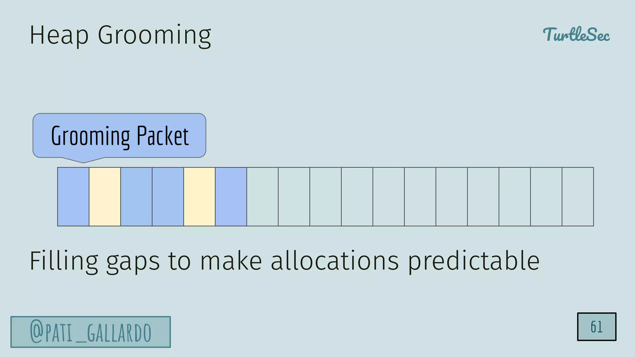 TurtleSec
@pati_gallardo
Heap Grooming
Filling gaps to make allocations predictable
Grooming Packet
61
 