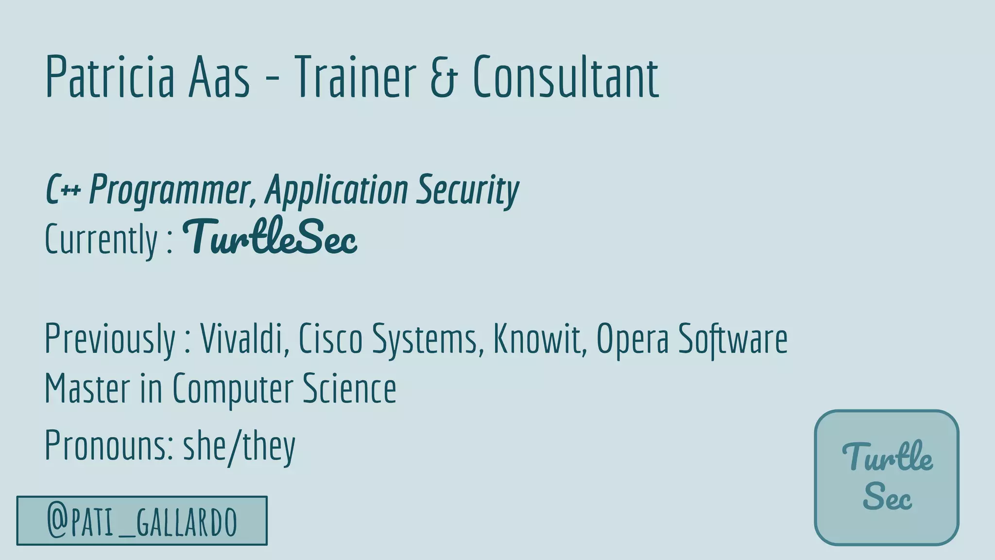TurtleSec
@pati_gallardo 10
Patricia Aas - Trainer & Consultant
C++ Programmer, Application Security
Currently : TurtleSec
Previously : Vivaldi, Cisco Systems, Knowit, Opera Software
Master in Computer Science
Pronouns: she/they Turtle
Sec
 
