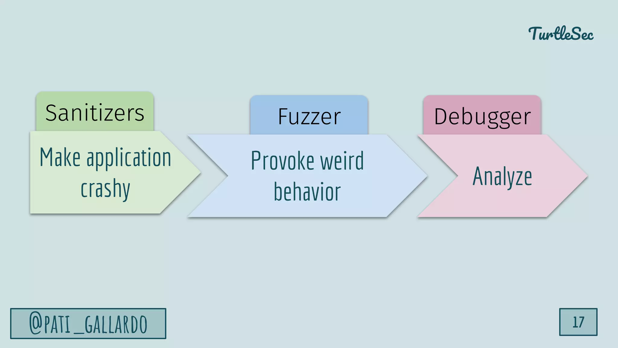 TurtleSec
@pati_gallardo 17
Debugger
Fuzzer
Sanitizers
Make application
crashy
Provoke weird
behavior
Analyze
 
