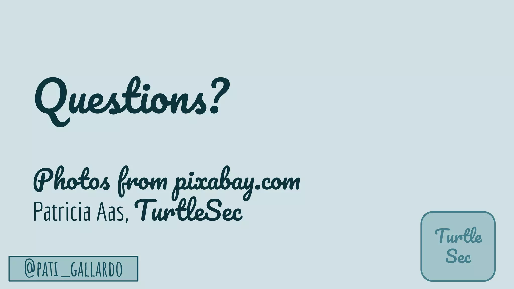 TurtleSec
@pati_gallardo 68
Questions?
Photos from pixabay.com
Patricia Aas, TurtleSec
Turtle
Sec
 
