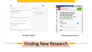 Finding New Research
Mendeley Web Importer
Mendeley Suggest
 