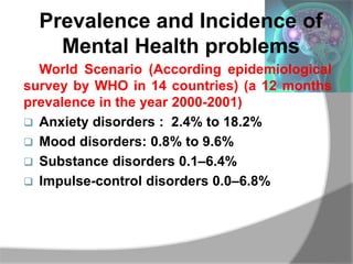 Prevalence and Incidence of
Mental Health problems
World Scenario (According epidemiological
survey by WHO in 14 countries...