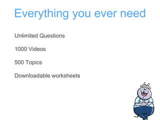 Everything you ever need
Unlimited Questions
1000 Videos
500 Topics
Downloadable worksheets
 