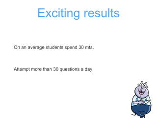 Exciting results
On an average students spend 30 mts.
Attempt more than 30 questions a day
 