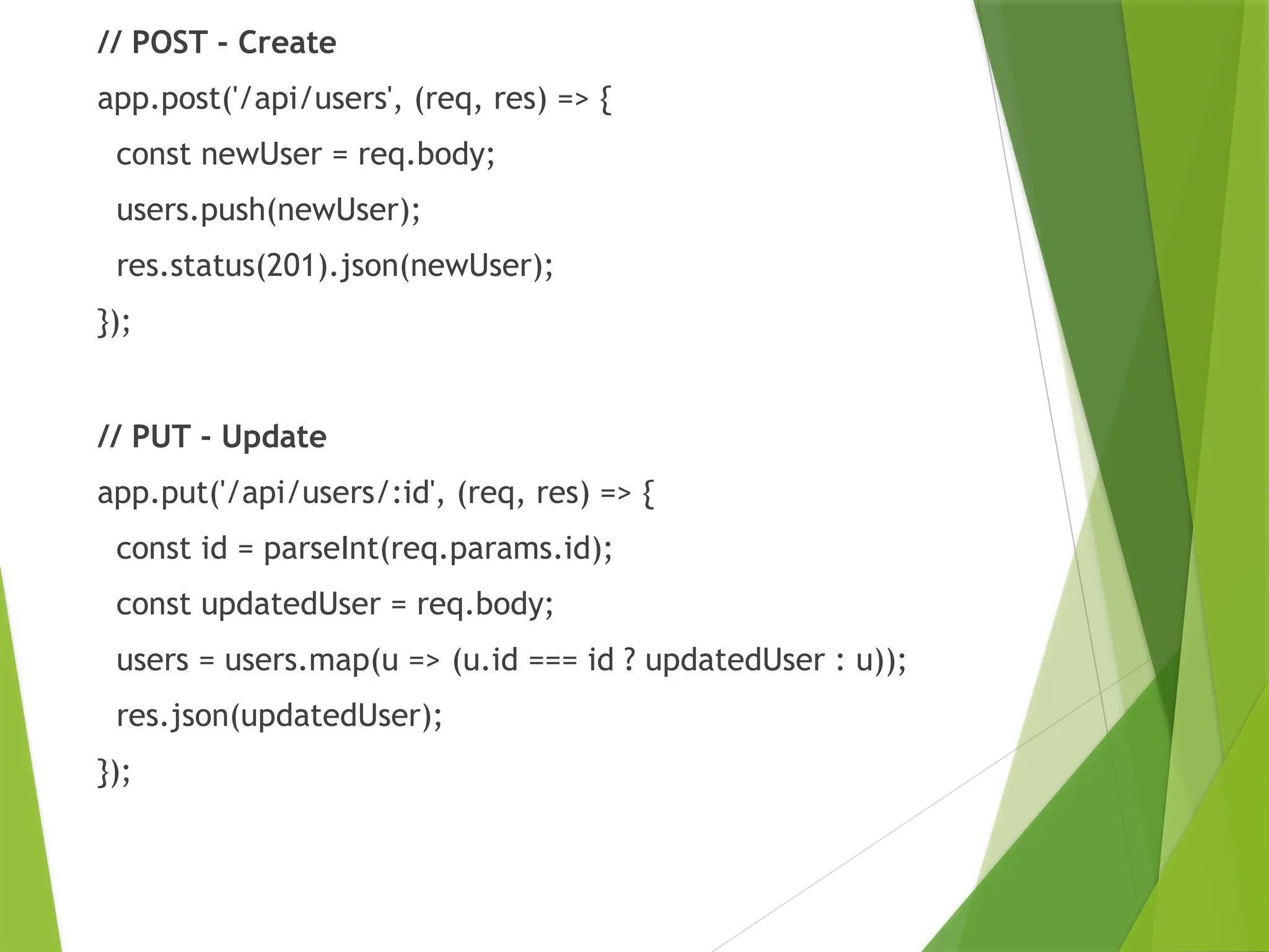 // POST - Create
app.post('/api/users', (req, res) => {
const newUser = req.body;
users.push(newUser);
res.status(201).json(newUser);
});
// PUT - Update
app.put('/api/users/:id', (req, res) => {
const id = parseInt(req.params.id);
const updatedUser = req.body;
users = users.map(u => (u.id === id ? updatedUser : u));
res.json(updatedUser);
});
 