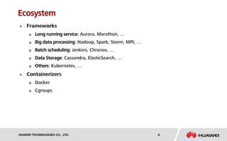 HUAWEI TECHNOLOGIES CO., LTD. 6
Ecosystem
 Frameworks
 Long running service: Aurora, Marathon, …
 Big data processing: Hadoop, Spark, Storm, MPI, …
 Batch scheduling: Jenkins, Chronos, …
 Data Storage: Cassandra, ElasticSearch, …
 Others: Kubernetes, …
 Containerizers
 Docker
 Cgroups
 