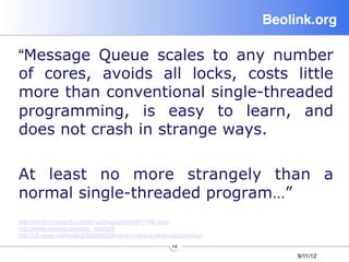 Beolink.org!

“Message Queue scales to any number
of cores, avoids all locks, costs little
more than conventional single-threaded
programming, is easy to learn, and
does not crash in strange ways.

At least no more strangely than a
normal single-threaded program…”
http://msdn.microsoft.com/en-us/magazine/cc817398.aspx
http://www.zeromq.org/blog:_start/p/2
http://ulf.wiger.net/weblog/2008/02/06/what-is-erlang-style-concurrency/

                                                            14
                                                                                 9/11/12
 