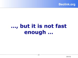 Beolink.org!




…, but it is not fast
    enough …



          21
                       9/11/12
 