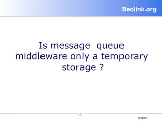 Beolink.org!




    Is message queue
middleware only a temporary
         storage ?



             7
                          9/11/12
 
