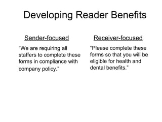 Developing Reader Benefits
Sender-focused
“We are requiring all
staffers to complete these
forms in compliance with
company policy.”
Receiver-focused
“Please complete these
forms so that you will be
eligible for health and
dental benefits.”
 