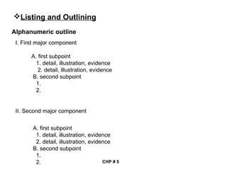 Listing and Outlining
Alphanumeric outline
I. First major component
A. first subpoint
1. detail, illustration, evidence
2. detail, illustration, evidence
B. second subpoint
1.
2.
II. Second major component
A. first subpoint
1. detail, illustration, evidence
2. detail, illustration, evidence
B. second subpoint
1.
2. CHP # 5
 