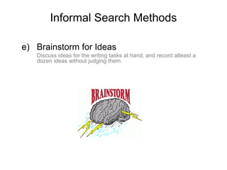Informal Search Methods
e) Brainstorm for Ideas
Discuss ideas for the writing tasks at hand, and record atleast a
dozen ideas without judging them.
 