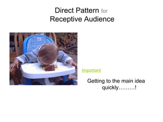 Direct Pattern for
Receptive Audience
Important
Getting to the main idea
quickly………!
 