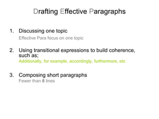 Drafting Effective Paragraphs
1. Discussing one topic
Effective Para focus on one topic
2. Using transitional expressions to build coherence,
such as;
Additionally, for example, accordingly, furthermore, etc
3. Composing short paragraphs
Fewer than 8 lines
 