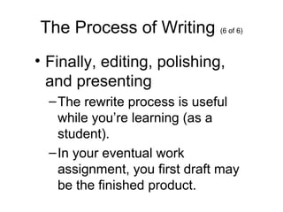 The Process of Writing (6 of 6)
• Finally, editing, polishing,
and presenting
–The rewrite process is useful
while you’re learning (as a
student).
–In your eventual work
assignment, you first draft may
be the finished product.
 