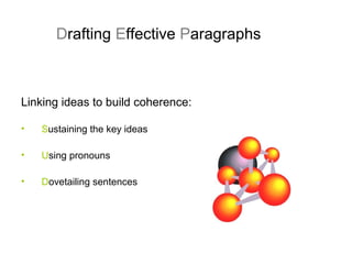 Linking ideas to build coherence:
• Sustaining the key ideas
• Using pronouns
• Dovetailing sentences
Drafting Effective Paragraphs
 