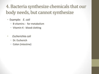 4. Bacteria synthesize chemicals that our
body needs, but cannot synthesize
• Example: E. coli
• B vitamins - for metabolism
• Vitamin K - blood clotting
• Escherichia coli
• Dr. Escherich
• Colon (intestine)
 