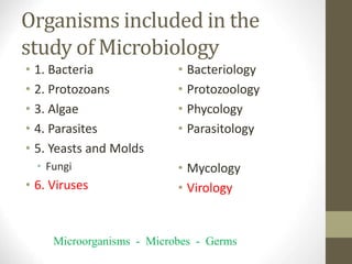 Organisms included in the
study of Microbiology
• 1. Bacteria
• 2. Protozoans
• 3. Algae
• 4. Parasites
• 5. Yeasts and Molds
• Fungi
• 6. Viruses
• Bacteriology
• Protozoology
• Phycology
• Parasitology
• Mycology
• Virology
Microorganisms - Microbes - Germs
 