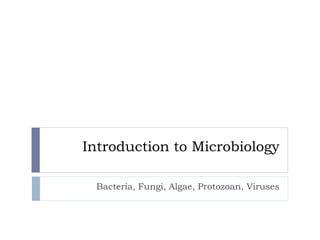 Introduction to Microbiology
Bacteria, Fungi, Algae, Protozoan, Viruses
 