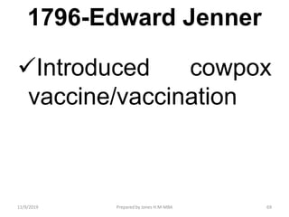 1796-Edward Jenner
Introduced cowpox
vaccine/vaccination
11/9/2019 69Prepared by Jones H.M-MBA
 