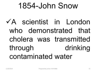 1854-John Snow
A scientist in London
who demonstrated that
cholera was transmitted
through drinking
contaminated water
11/9/2019 72Prepared by Jones H.M-MBA
 