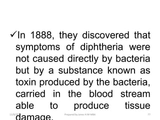 In 1888, they discovered that
symptoms of diphtheria were
not caused directly by bacteria
but by a substance known as
toxin produced by the bacteria,
carried in the blood stream
able to produce tissue
11/9/2019 77Prepared by Jones H.M-MBA
 