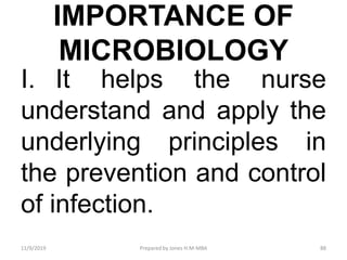 IMPORTANCE OF
MICROBIOLOGY
I. It helps the nurse
understand and apply the
underlying principles in
the prevention and control
of infection.
11/9/2019 88Prepared by Jones H.M-MBA
 