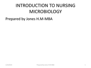 INTRODUCTION TO NURSING
MICROBIOLOGY
Prepared by Jones H.M-MBA
11/9/2019 1Prepared by Jones H.M-MBA
 