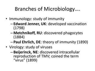 Branches of Microbiology….
• Immunology: study of immunity
–Edward Jenner, UK: developed vaccination
(1798)
–Metchnikoff, RU: discovered phagocytes
(1884)
–Paul Ehrlich, DE: theory of immunity (1890)
• Virology: study of viruses
–Beijerinck, NE: discovered intracellular
reproduction of TMV; coined the term
“virus” (1899)
 