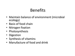 Benefits
• Maintain balance of environment (microbial
ecology)
• Basis of food chain
• Nitrogen fixation
• Photosynthesis
• Digestion
• Synthesis of vitamins
• Manufacture of food and drink
 
