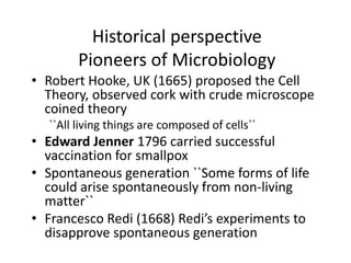 Historical perspective
Pioneers of Microbiology
• Robert Hooke, UK (1665) proposed the Cell
Theory, observed cork with crude microscope
coined theory
``All living things are composed of cells``
• Edward Jenner 1796 carried successful
vaccination for smallpox
• Spontaneous generation ``Some forms of life
could arise spontaneously from non-living
matter``
• Francesco Redi (1668) Redi’s experiments to
disapprove spontaneous generation
 