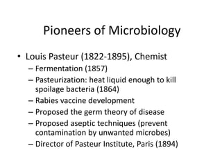 Pioneers of Microbiology
• Louis Pasteur (1822-1895), Chemist
– Fermentation (1857)
– Pasteurization: heat liquid enough to kill
spoilage bacteria (1864)
– Rabies vaccine development
– Proposed the germ theory of disease
– Proposed aseptic techniques (prevent
contamination by unwanted microbes)
– Director of Pasteur Institute, Paris (1894)
 