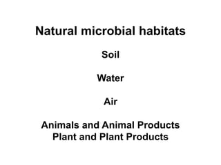 Natural microbial habitats
Soil
Water
Air
Animals and Animal Products
Plant and Plant Products
 