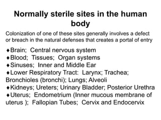 Normally sterile sites in the human
body
Colonization of one of these sites generally involves a defect
or breach in the natural defenses that creates a portal of entry
Brain; Central nervous system
Blood; Tissues; Organ systems
Sinuses; Inner and Middle Ear
Lower Respiratory Tract: Larynx; Trachea;
Bronchioles (bronchi); Lungs; Alveoli
Kidneys; Ureters; Urinary Bladder; Posterior Urethra
Uterus; Endometrium (Inner mucous membrane of
uterus ); Fallopian Tubes; Cervix and Endocervix
 