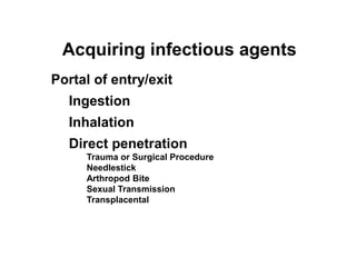 Acquiring infectious agents
Portal of entry/exit
Ingestion
Inhalation
Direct penetration
Trauma or Surgical Procedure
Needlestick
Arthropod Bite
Sexual Transmission
Transplacental
 