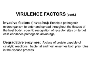 VIRULENCE FACTORS (cont.)
Invasive factors (invasins): Enable a pathogenic
microorganism to enter and spread throughout the tissues of
the host body; specific recognition of receptor sites on target
cells enhances pathogenic advantage
Degradative enzymes: A class of protein capable of
catalytic reactions; bacterial and host enzymes both play roles
in the disease process
 