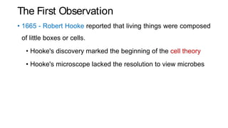 The First Observation
• 1665 - Robert Hooke reported that living things were composed
of little boxes or cells.
• Hooke's discovery marked the beginning of the cell theory
• Hooke's microscope lacked the resolution to view microbes
 