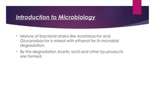 Introduction to Microbiology
• Mixture of bacterial strains like Acetobactor and
Glucanobactor is mixed with ethanol for its microbial
degradation.
• By this degradation Acetic acid and other by-products
are formed.
 