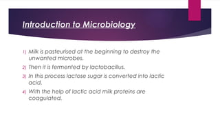 Introduction to Microbiology
1) Milk is pasteurised at the beginning to destroy the
unwanted microbes.
2) Then it is fermented by lactobacillus.
3) In this process lactose sugar is converted into lactic
acid.
4) With the help of lactic acid milk proteins are
coagulated.
 