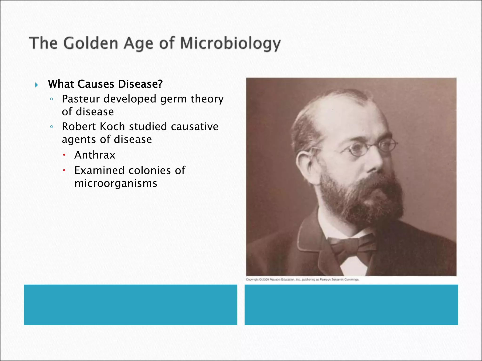 What Causes Disease?
◦ Pasteur developed germ theory
of disease
◦ Robert Koch studied causative
agents of disease
 Anthrax
 Examined colonies of
microorganisms
 
