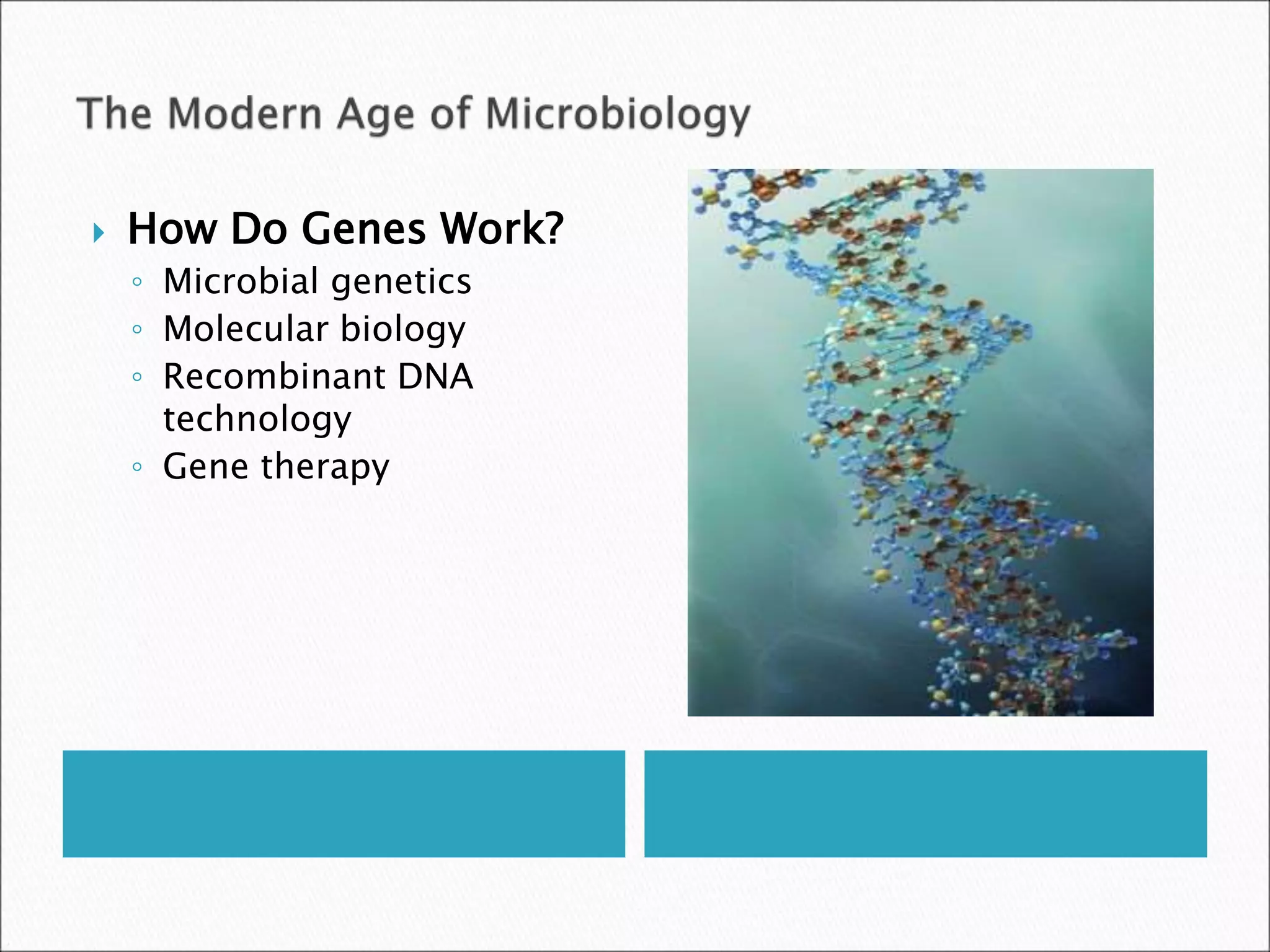  How Do Genes Work?
◦ Microbial genetics
◦ Molecular biology
◦ Recombinant DNA
technology
◦ Gene therapy
 